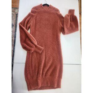 Zesica Women Fuzzy Knit Dress Balloon Sleeve Mock Neck Sweater Dress Orange M